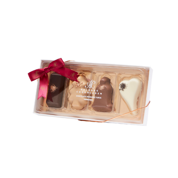 Aalborg Chokolade Petit Four æske m. 4 stk. marcipanfigurer