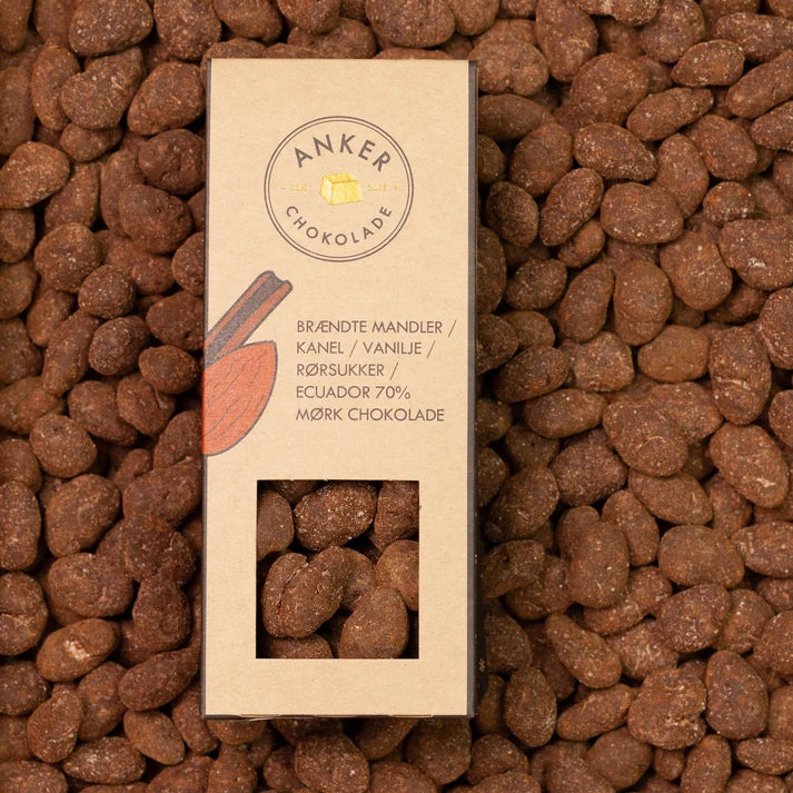 Brændte mandler / kanel / vanilje / rørsukker / Ecuador 70% mørk chokolade - DK-ØKO-100